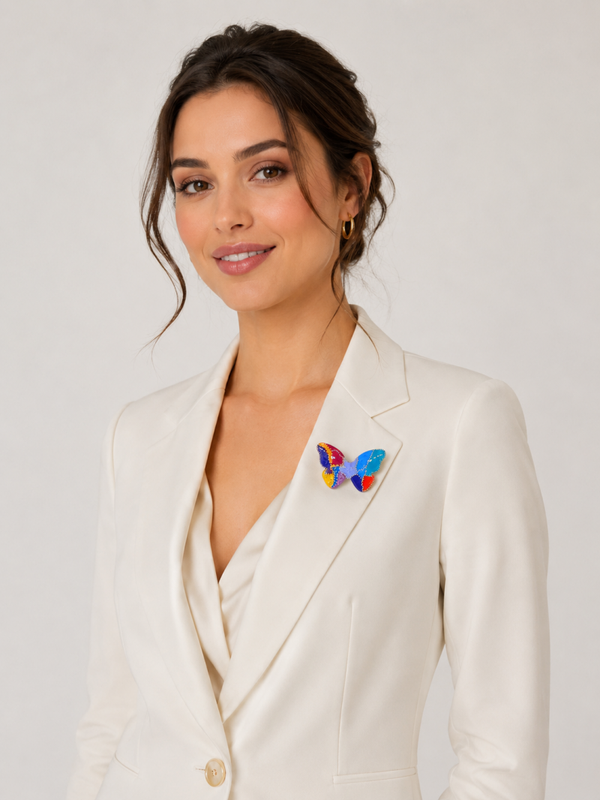 Broche artisanale papillon bois peint et résiné – Papillon Cosmos Doré