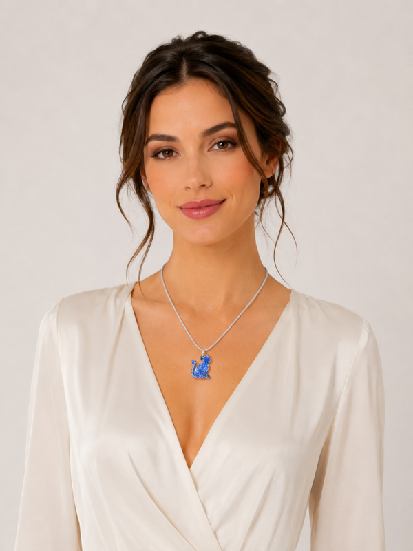 Pendentif chat bleu et blanc en bois peint à la main- Félin Boréal