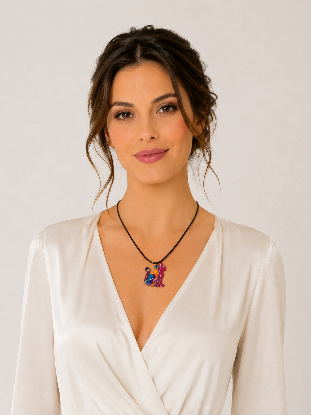 Pendentif chat multi couleurs rose en bois peint à la main - Chat Rêveur