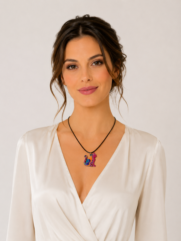 Pendentif chat multi couleurs rose en bois peint à la main - Chat Rêveur