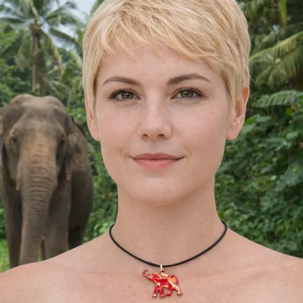 Pendentif éléphant rouge et doré en bois peint à la main - Mon Gardien
