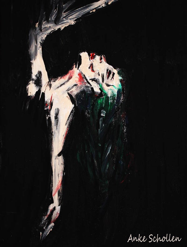 Woman with green hair on black