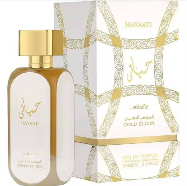 HAYAATI GOLD ÉLIXIR– Lattafa Perfumes Unisex Dulce, Elegante y Especiado