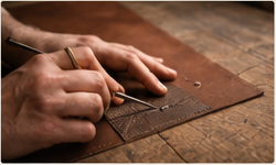 Travail manuel du cuir dans l’atelier LADD & Cie