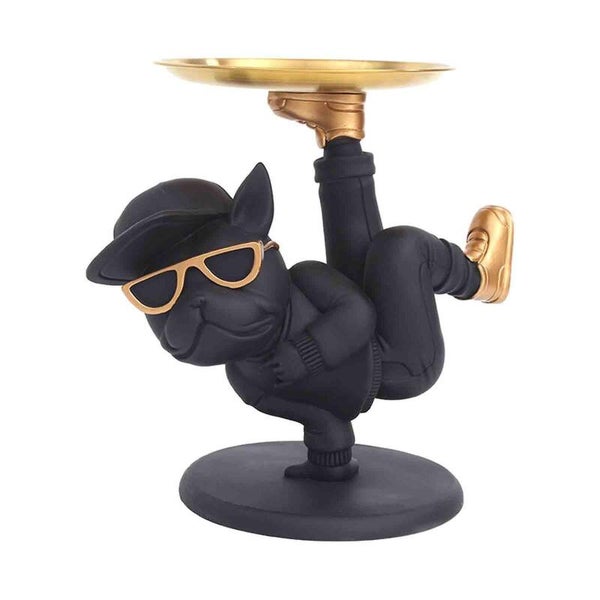 Franse Bulldog Dienblad Beeld – Zwart met Goud – Polyresin Honden Beeld met Tray – Decoratief Sculptuur & Opberg Ornament – Sleutelbakje, Sieradenhouder, Kunstbeeld – Staand/Liggend – Modern Design – 26 cm
