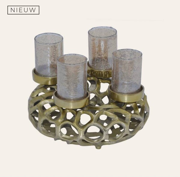 Kandelaars Windlichten/ Kerstkrans MISTLE m/4 glaasjes goud