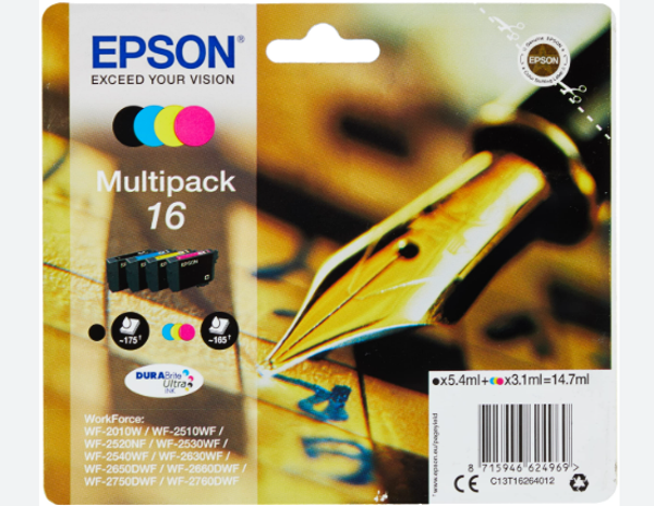Epson 16 Original Ink Cartridge C13T16264012 Black& 3 Colours Multipack Pack of 4