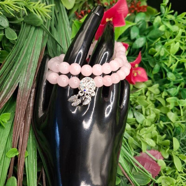 Armbandenset met Rozenkwarts & Strass Blad Charm