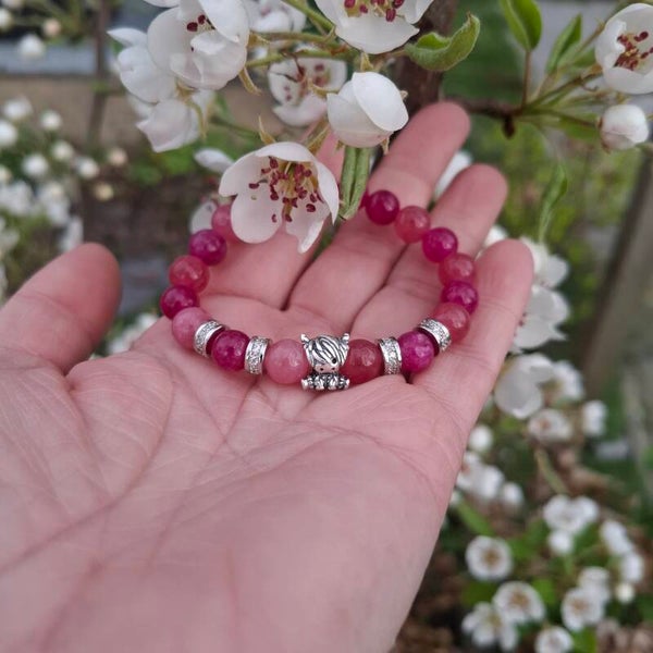 Sweet Taurus Zilveren Kalf Bedel Armband – Roze Toermalijn & Aardbei Kwarts