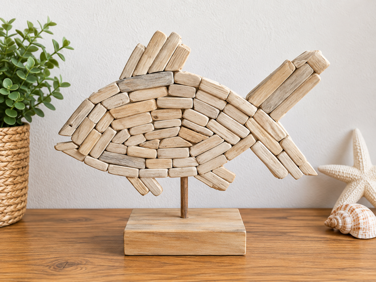 Houten visbeeldje 31 cm – handgemaakt houten decoratiebeeld