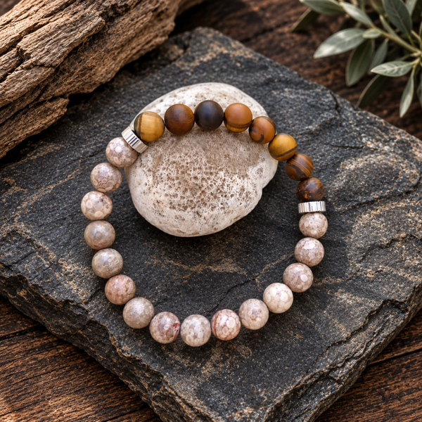 Herenarmband met Fossiele Calciet en Kwartsagaat Bruin