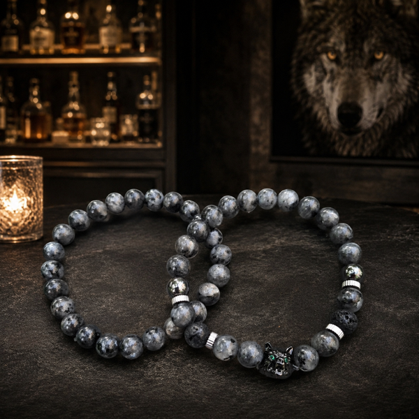 Black Gun Wolf – Heren Armband Set met Labradoriet, Lavasteen & Hematiet