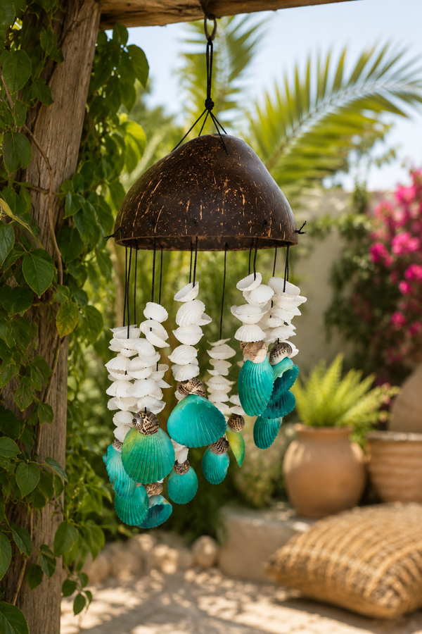 Kokosnoot Windgong met Schelpen – Handgemaakte Ibiza hangdecoratie