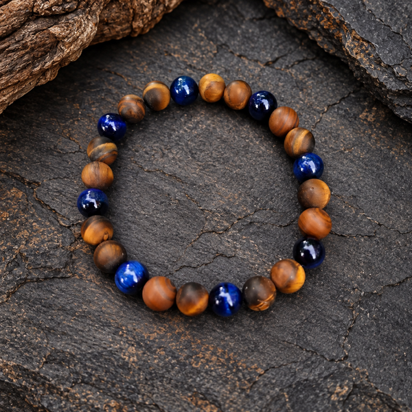 herenarmband met blue tiger eye en bruine kwartsagaat – 18 cm