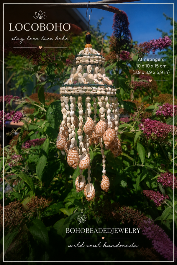 Lamp Mini Luipaard – Handgemaakte Schelpenhanger 10 × 10 × 15 cm | Boho, Ibiza & Coastal Decoratie