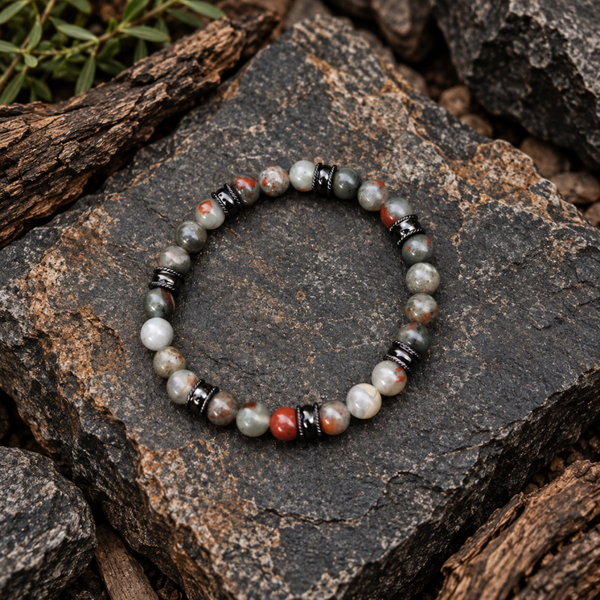 Bloedsteen herenarmband 19 cm – zwarte spacers – 8 mm kralen