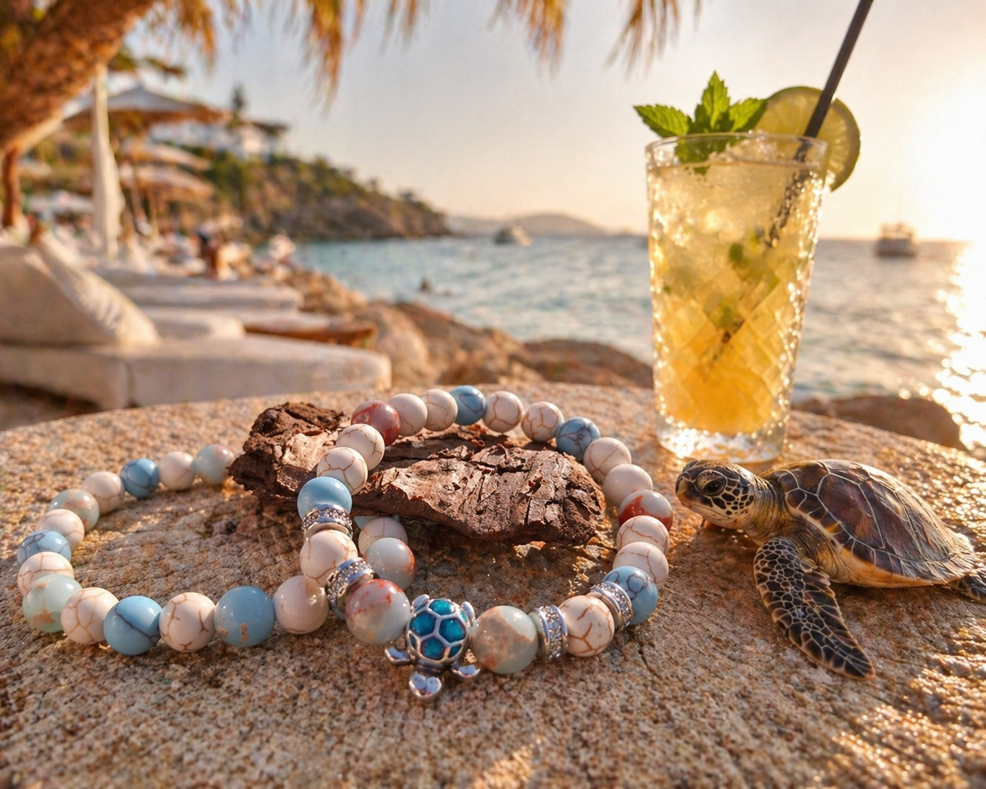 Ibiza Schildpad Armbandset – Howliet & Turquoise- lava Jaspers tiger eye quartz agaat