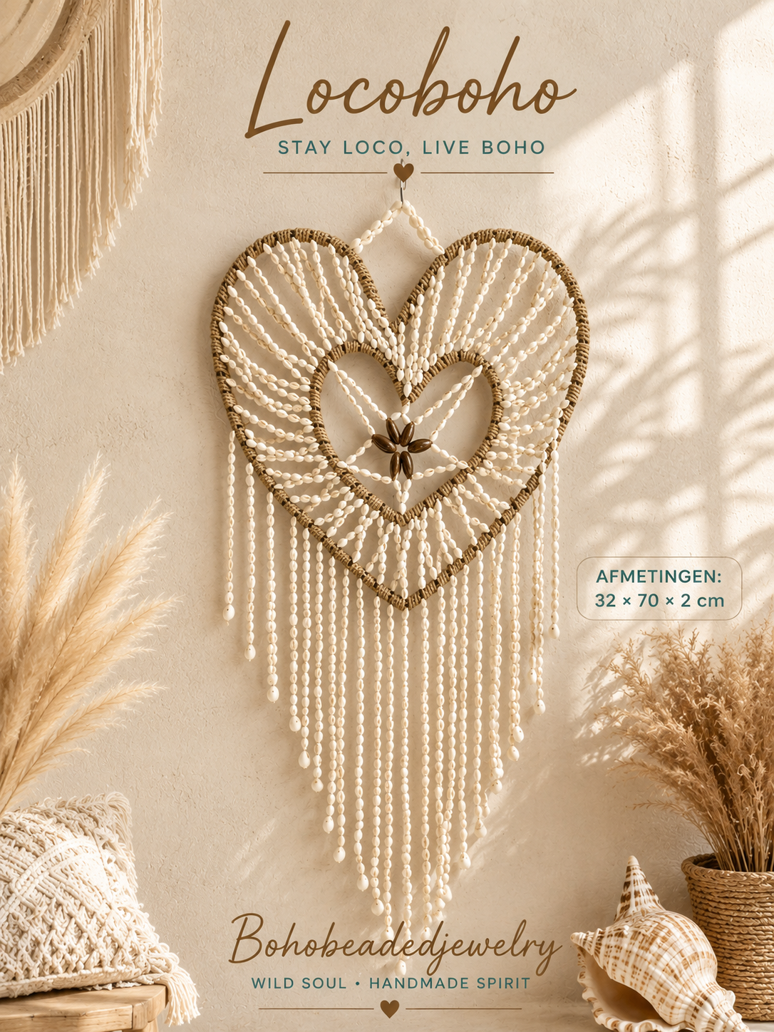 Diding Love Schelpenhanger Hart – Boho Wanddecoratie Ibiza Stijl