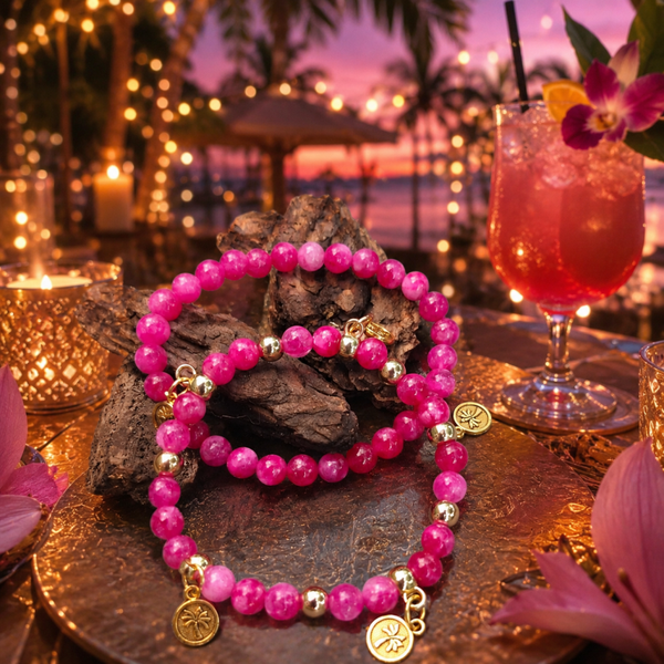 Dames Armband Set Ibiza bloom– Roze Toermalijn en Gouden Hematiet