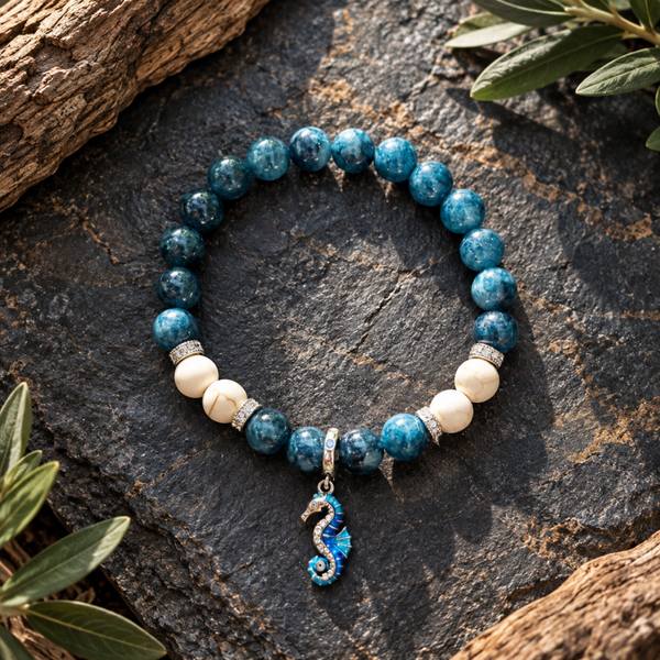 Blauwe Kyaniet Armband met Howliet en Zeepaardje