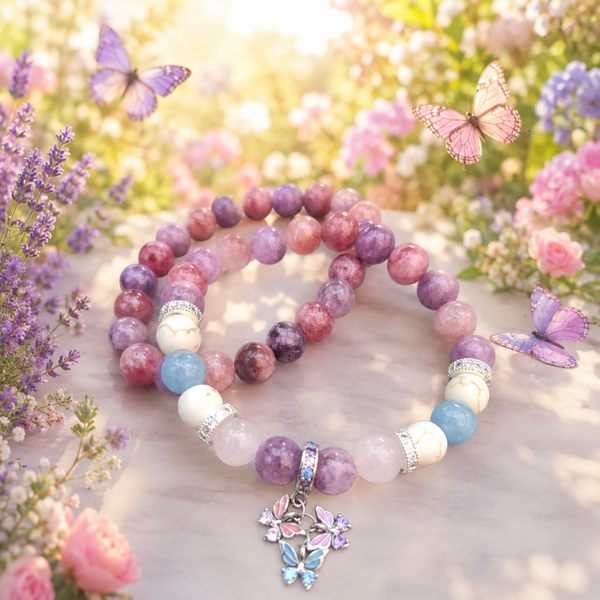 Dames armbandenset met vlinder | Rozenkwarts, Lepidoliet, Chalcedoon & Howliet | Boho sieraden