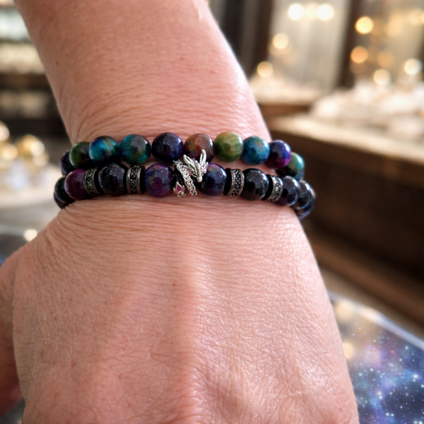 Lyra – Cosmic Dragon armband met Tiger Eye Galaxy, Zwarte Toermalijn, Astrofylliet en Charoiet