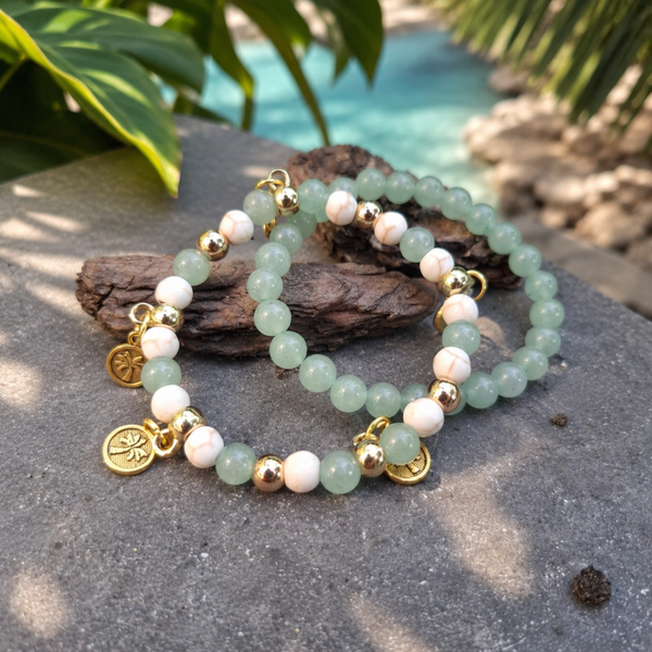 Palm Whisper – Groene Aventurijn Armband Set met Crème Howliet & Gouden Hematiet
