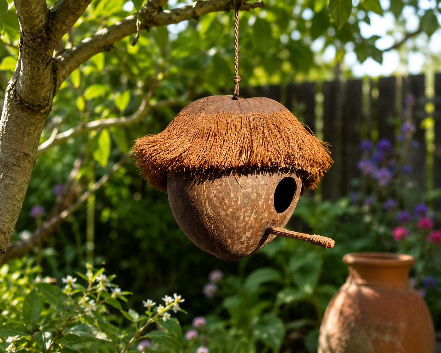 Vogelhuisje Kokosnoot met Kokosvezel Dak – Handgemaakt & Natuurlijk