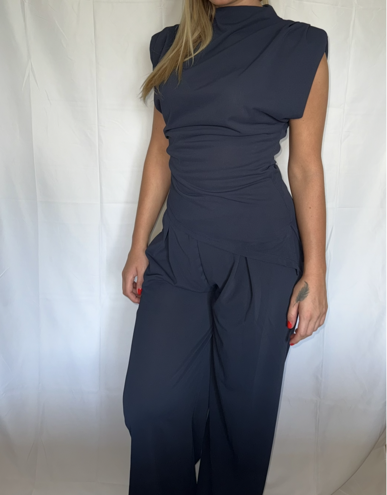 Asymmetric hem top and wide leg trouser co-ord