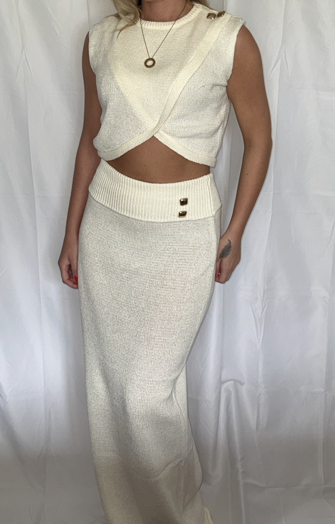 CREAM Fine knit wrap crop top and maxi skirt set