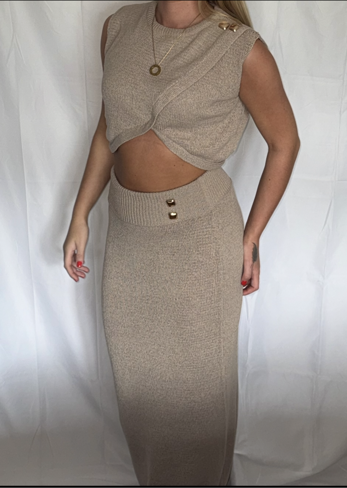 TAUPE Fine knit wrap crop top and maxi skirt set