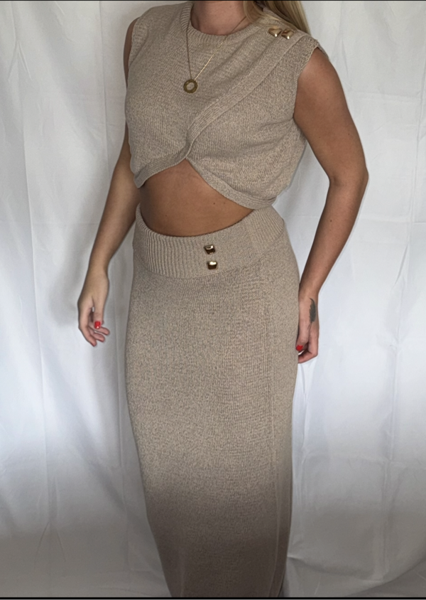 TAUPE Fine knit wrap crop top and maxi skirt set