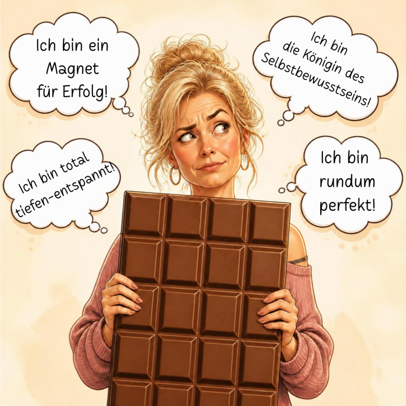 Humorvolle Illustration einer skeptisch blickenden Frau mit einer riesigen Schokoladentafel. Rund um ihren Kopf schweben Denkblasen mit übertriebenen positiven Ich-bin-Affirmationen.
