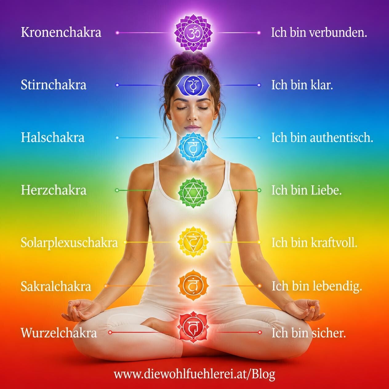 Illustration der sieben Hauptchakren mit zugehörigen positiven Ich-bin-Affirmationen als Anregung für persönliche Affirmationen.