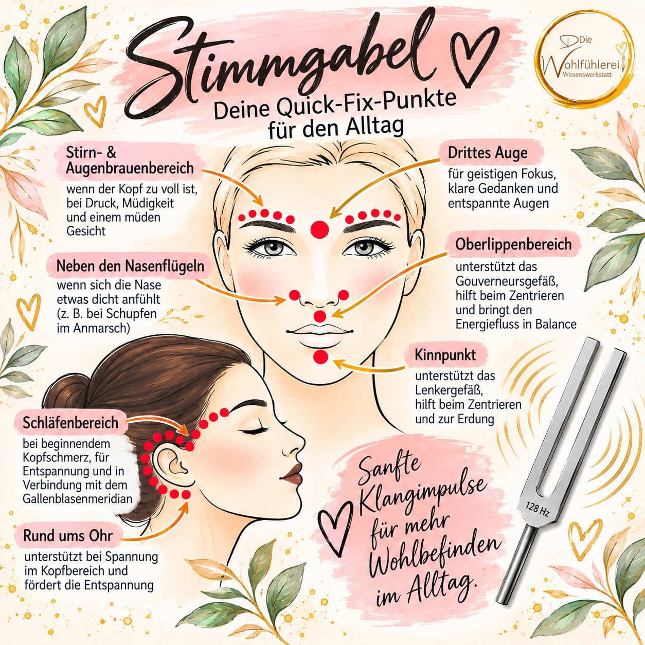 Illustrierte Übersicht zur Anwendung einer 128-Hz-Stimmgabel. Zwei gezeichnete Frauenköpfe zeigen rot markierte Punkte und Zonen an Stirn, Augenbrauen, Schläfen, Nase, Oberlippe, Kinn und rund um das Ohr. Pfeile und kurze Texte erläutern die jeweiligen An