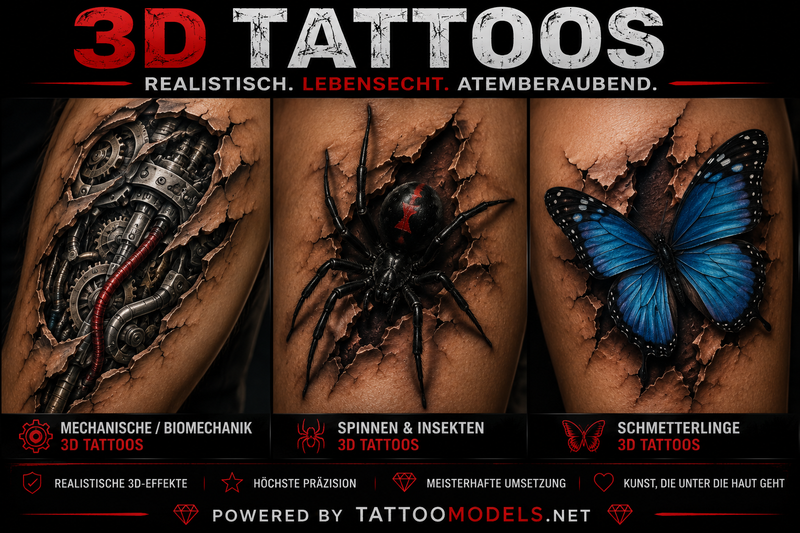 3D Tattoos mit Biomechanik, Spinne und Schmetterling als realistische Tattoo-Motive