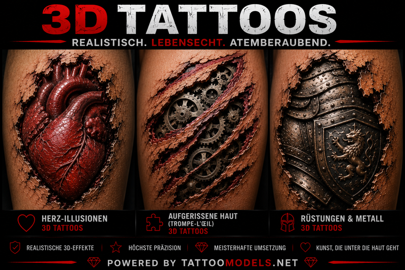 3D Tattoos mit Herz, aufgerissener Haut und metallischer Rüstung als realistische Tattoo-Motive