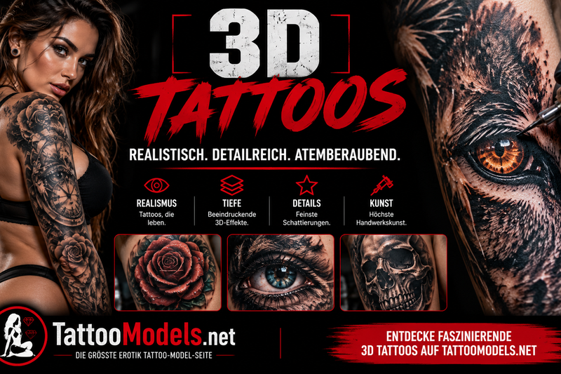 Beispiele für realistische 3D Tattoos mit Rose, Auge und Totenkopf