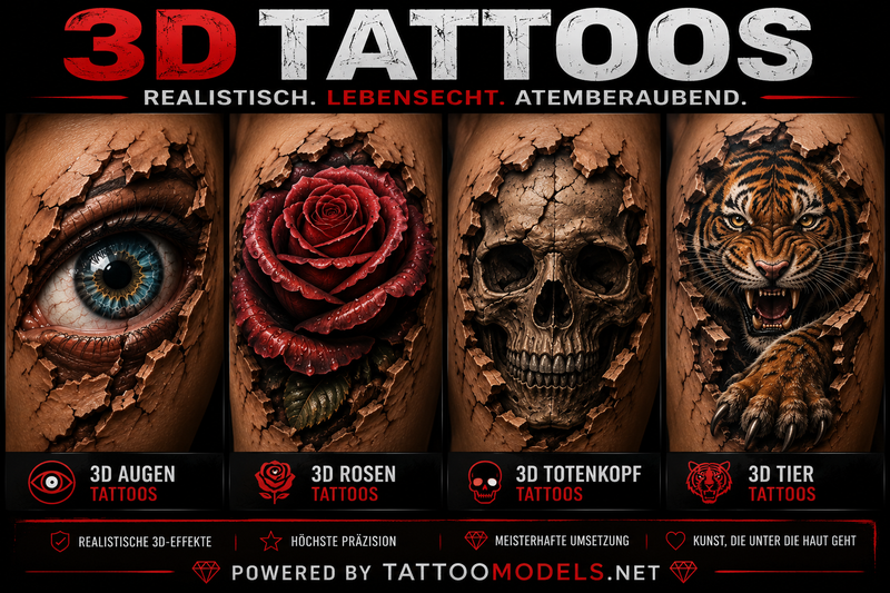 3D Tattoos mit Auge, Rose, Totenkopf und Tiger als realistische Tattoo-Motive