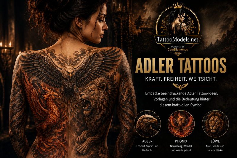 Frau mit großem Adler-Tattoo auf dem Rücken, kombiniert mit einem mythologischen Phönix und einem Löwen als Symbole für Freiheit, Wiedergeburt, Mut und Stärke.