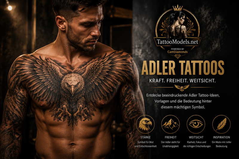 Mann mit großem Realistic Adler-Tattoo in Black and Grey über der gesamten Brust. Die Flügel reichen zu den Schultern und die Krallen liegen mittig am Brustbein.