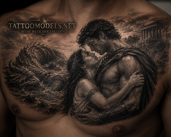 Black and Grey Brust-Tattoo mit Andromeda und Perseus sowie Cetus | TattooModels.net