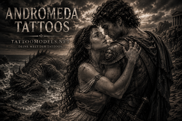 Andromeda und Perseus nach der Rettung mit Cetus im Hintergrund | TattooModels.net