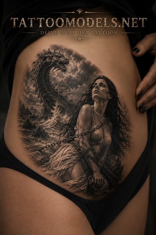 Großes Andromeda Tattoo an Hüfte und Oberschenkel mit Cetus | TattooModels.net