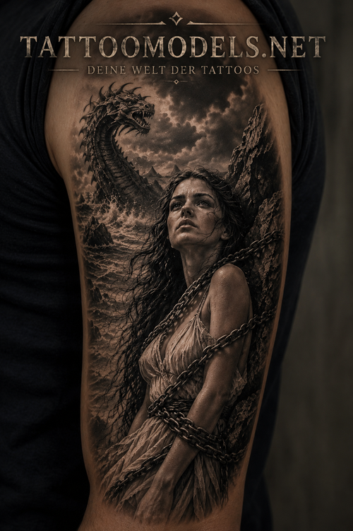 Andromeda Tattoo am Oberarm in Black and Grey mit Cetus | TattooModels.net