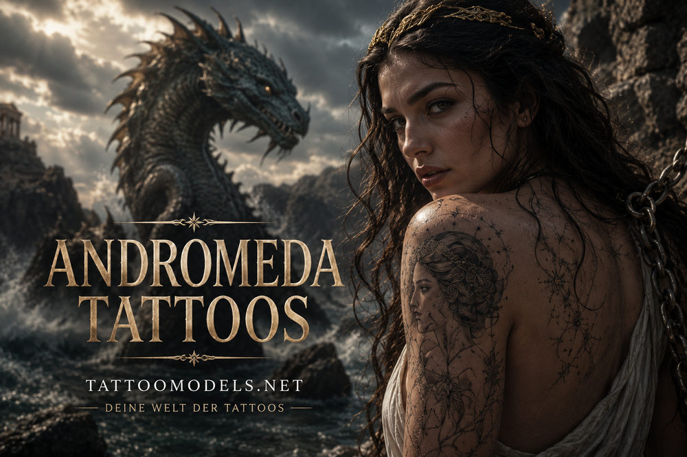 Andromeda Tattoos aus der griechischen Mythologie – Andromeda mit Cetus im Hintergrund | TattooModels.net
