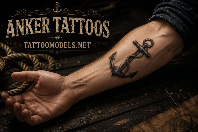 Black-and-Grey-Anker-Tattoo mit Seil auf der Innenseite eines Unterarms vor einem dunklen maritimen Hintergrund.