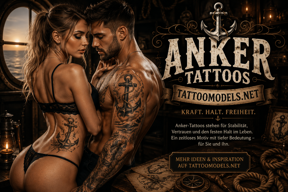 Frau und Mann mit Anker-Tattoos in einer maritimen Umgebung. Der Mann trägt den Anker am Oberarm, die Frau an der seitlichen Hüfte.
