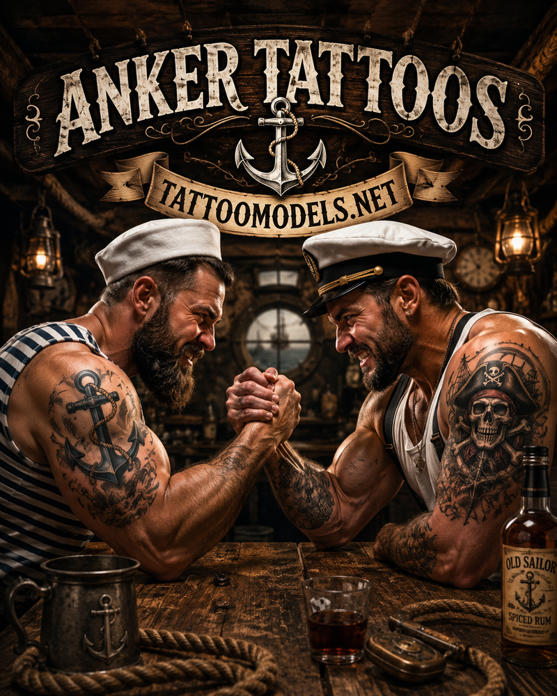 Zwei tätowierte Matrosen beim Armdrücken. Einer trägt ein Anker-Tattoo auf dem Oberarm, der andere ein großes Piraten-Tattoo.