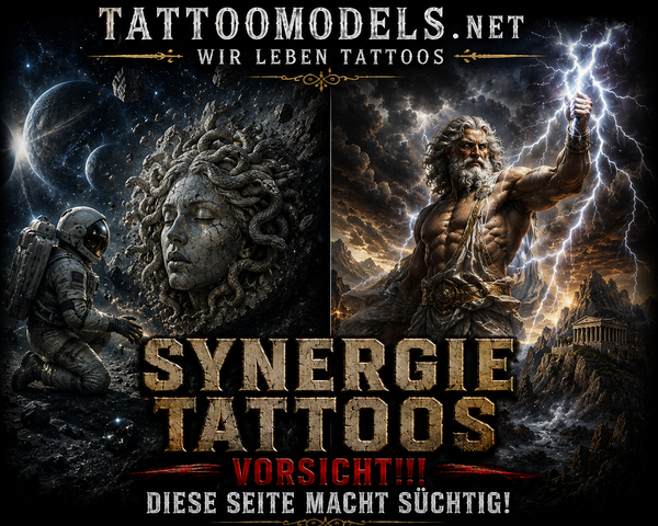 Astronaut entdeckt versteinerte Medusa im All und Zeus erscheint in einem Gewitter als Synergie Tattoo